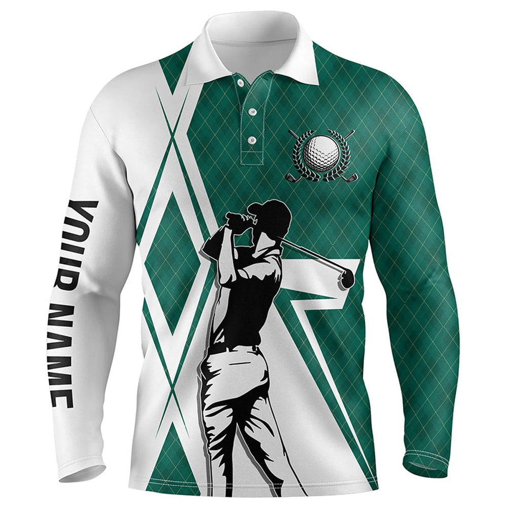 Golf Polo shirts, White Mens Golf Polo Shirts Custom Green Argyle Pattern Golf Shirts For Men For Mens