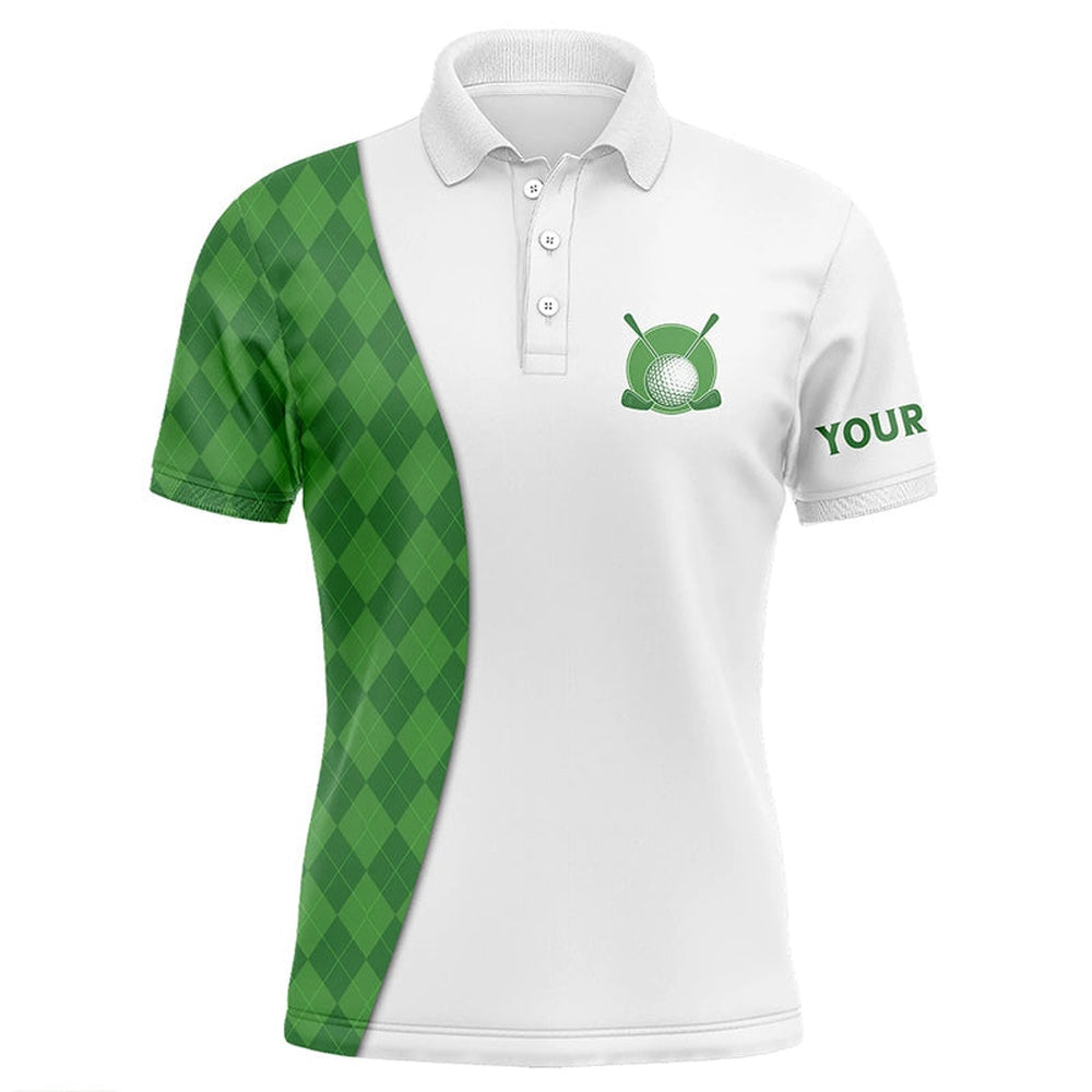 Golf Polo shirts, White Mens Golf Polo Shirts Custom Green Argyle Plaid Pattern Golf Tops, Best Mens Golf Wear