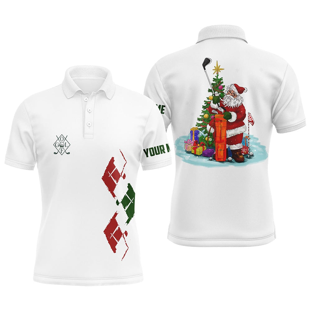 Golf Polo shirts, White Mens Golf Polo Shirts Custom Green Red Christmas Santa Shirt For Mens, Christmas Golf Gifts