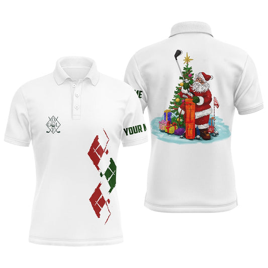 Golf Polo shirts, White Mens Golf Polo Shirts Custom Green Red Christmas Santa Shirt For Mens, Christmas Golf Gifts