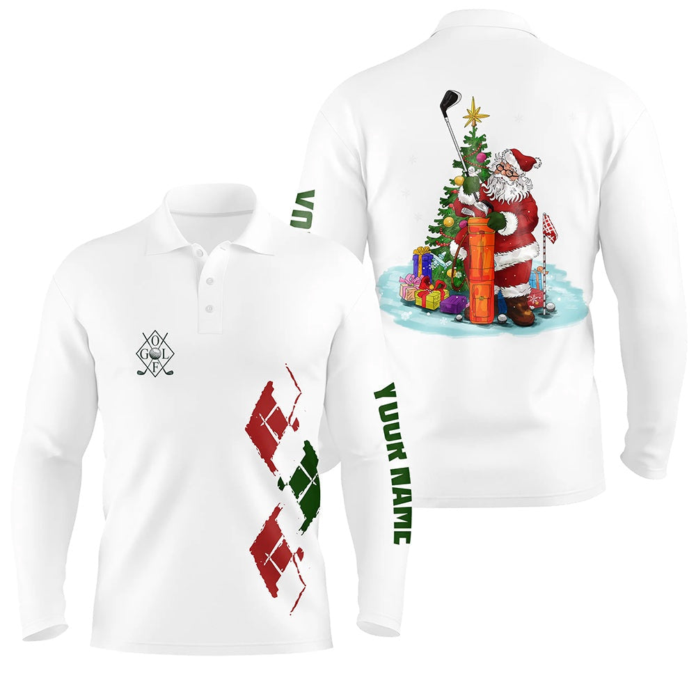 Golf Polo shirts, White Mens Golf Polo Shirts Custom Green Red Christmas Santa Shirt For Mens, Christmas Golf Gifts