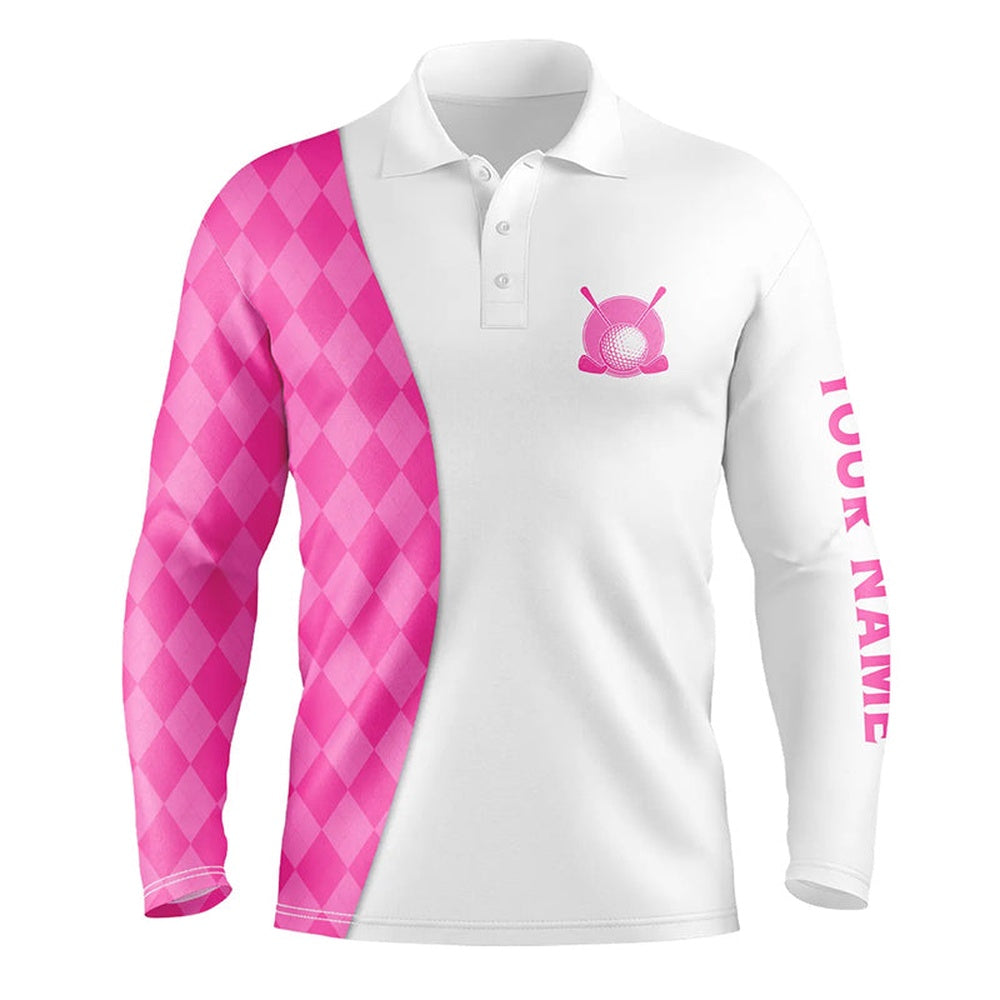 Golf Polo shirts, White Mens Golf Polo Shirts Custom Pink Argyle Plaid Pattern Golf Tops, Best Mens Golf Wear