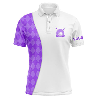 Golf Polo shirts, White Mens Golf Polo Shirts Custom Purple Argyle Plaid Pattern Golf Tops, Best Mens Golf Wear