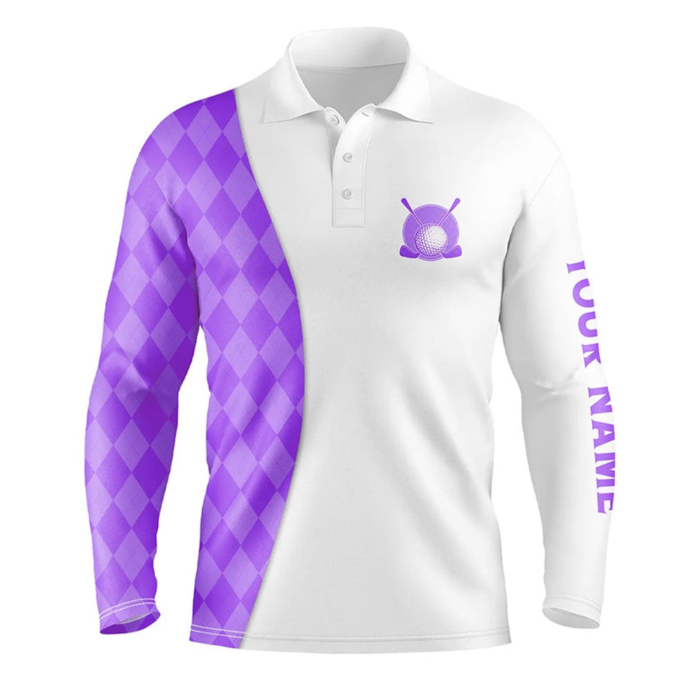 Golf Polo shirts, White Mens Golf Polo Shirts Custom Purple Argyle Plaid Pattern Golf Tops, Best Mens Golf Wear