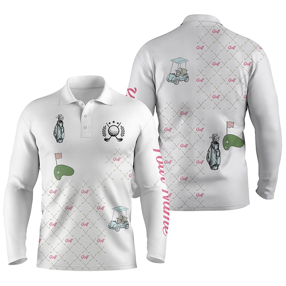 Golf Polo shirts, White Mens Golf Polos Shirts Custom Golf Clubs Pattern Golf Shirt, Golf Shirt For Men Gift For Dad