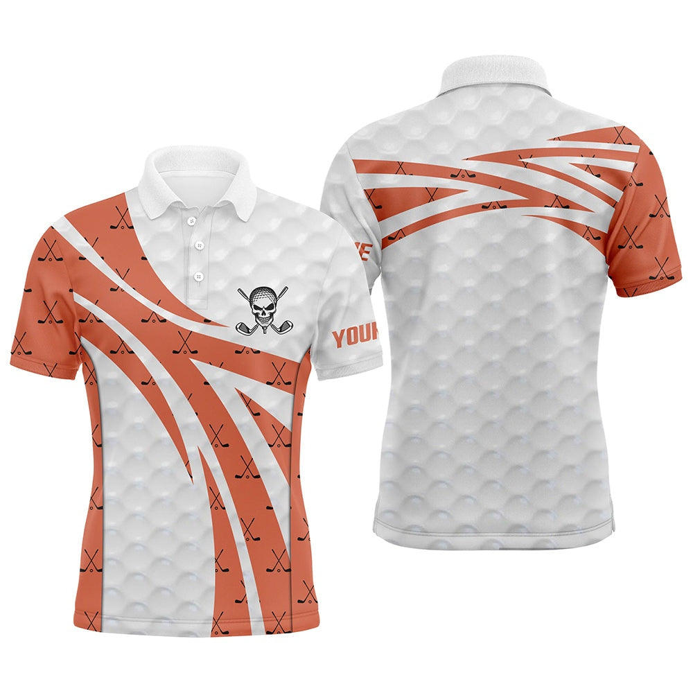 Golf Polo shirts, White Orange Skull Golf Pattern Polo Shirt Custom Golf Shirts For Men Cool Golf Gifts