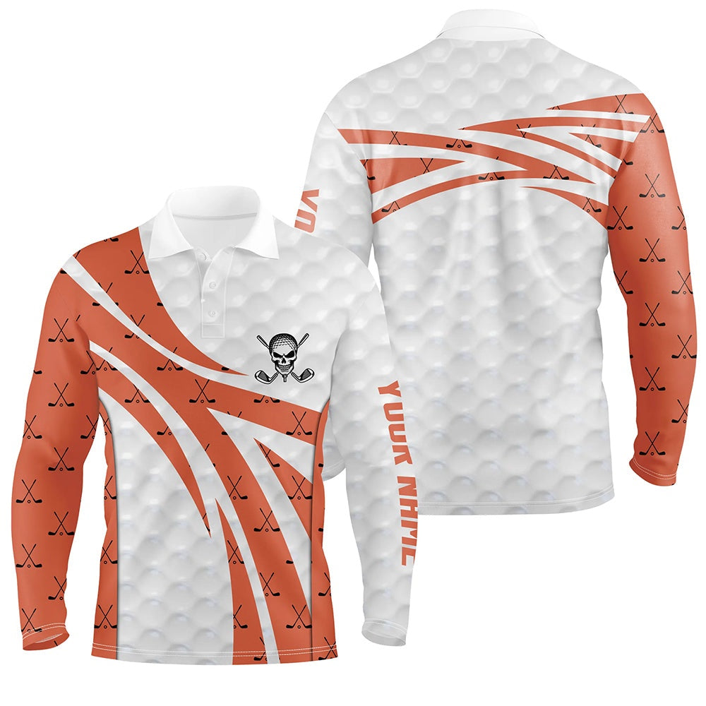 Golf Polo shirts, White Orange Skull Golf Pattern Polo Shirt Custom Golf Shirts For Men Cool Golf Gifts