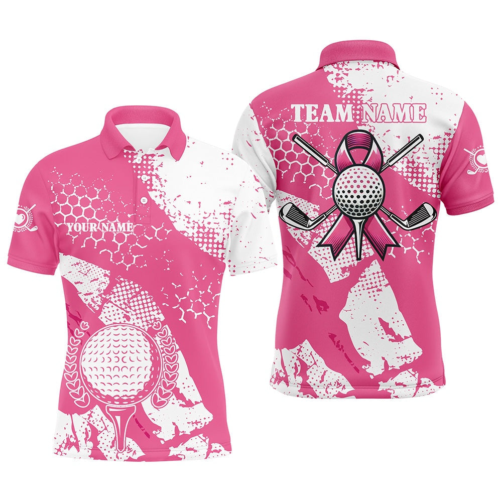 Golf Polo shirts, White & Pink Ribbon Retro Mens Golf Polo Shirts Custom Breast Cancer Golf Shirts, Golf Attire For Men