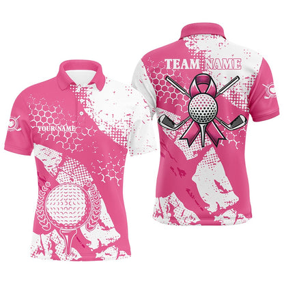 Golf Polo shirts, White & Pink Ribbon Retro Mens Golf Polo Shirts Custom Breast Cancer Golf Shirts, Golf Attire For Men
