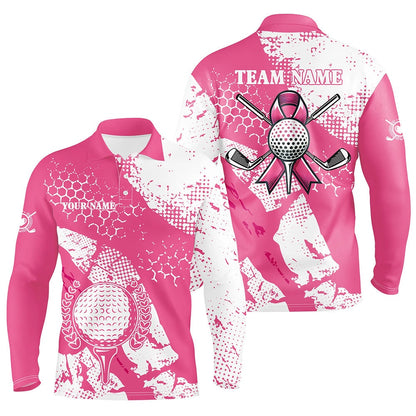 Golf Polo shirts, White & Pink Ribbon Retro Mens Golf Polo Shirts Custom Breast Cancer Golf Shirts, Golf Attire For Men