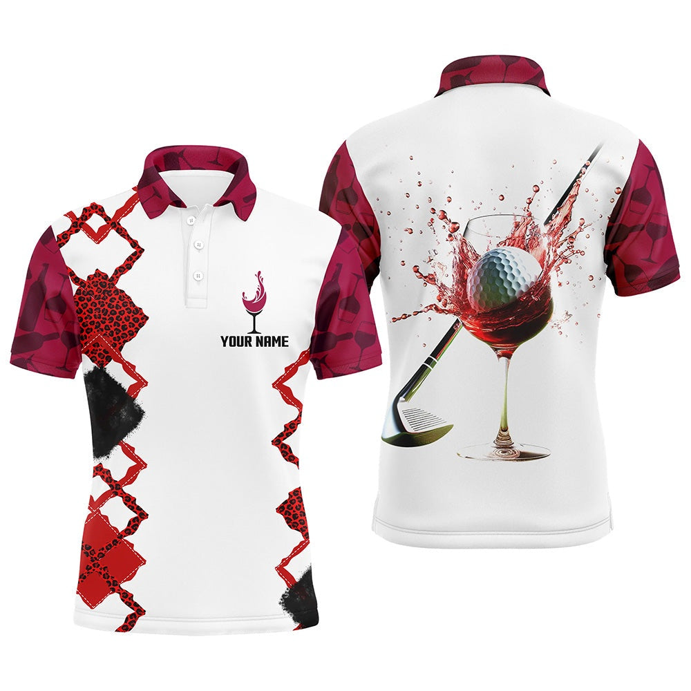 Golf Polo shirts, White Red Wine Leopard Golf Shirts For Men Custom Name Mens Golf Polo Shirts Golfing Gifts