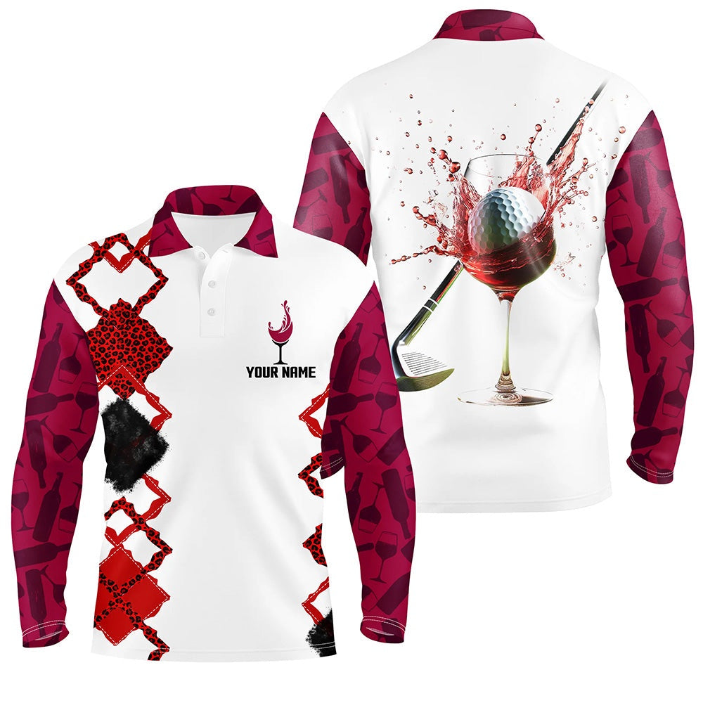 Golf Polo shirts, White Red Wine Leopard Golf Shirts For Men Custom Name Mens Golf Polo Shirts Golfing Gifts