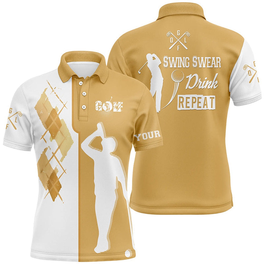Golf Polo shirts, White Yellow Men Golf Polo Upf Shirts Custom Swing Swear Drink Repeat Golf Beer Shirt, Golf Outfit Men