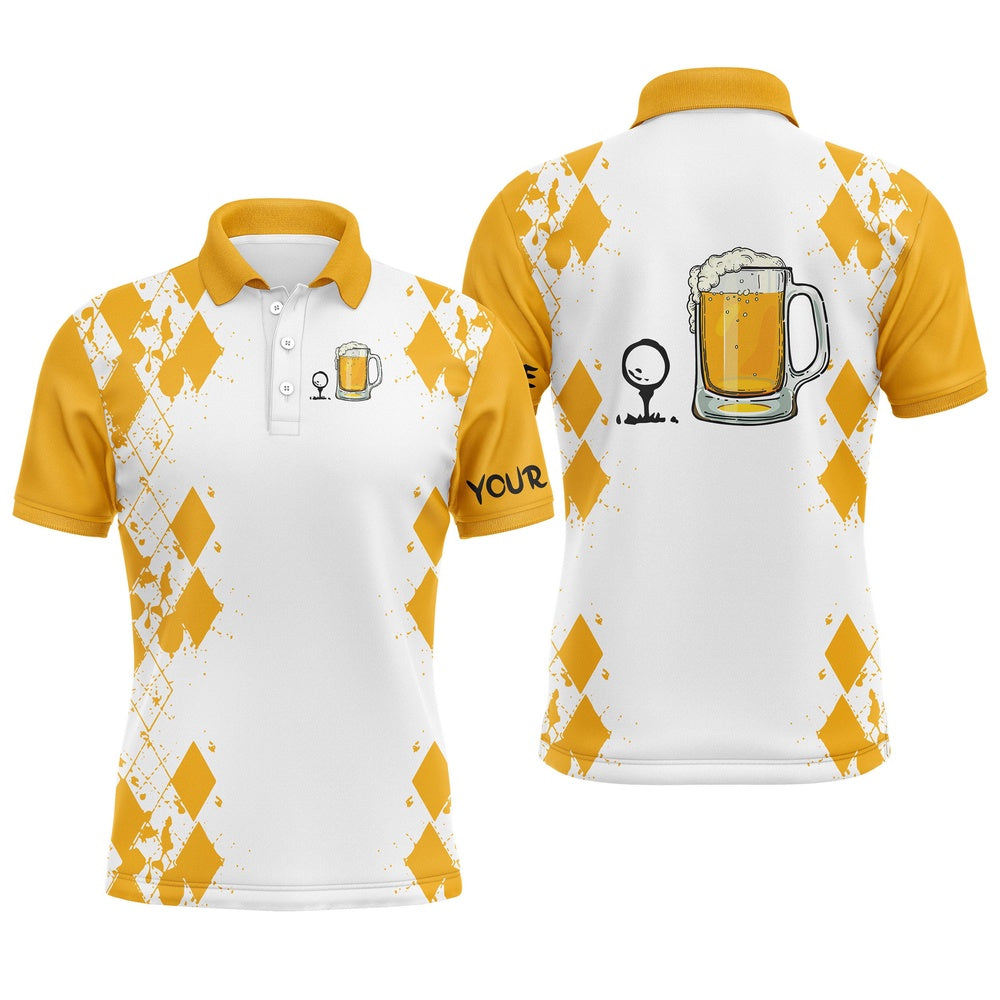 Golf Polo shirts, White Yellow Mens Golf Polo Shirt Golf & Beer Custom Name Golf Gifts For Men, Dad