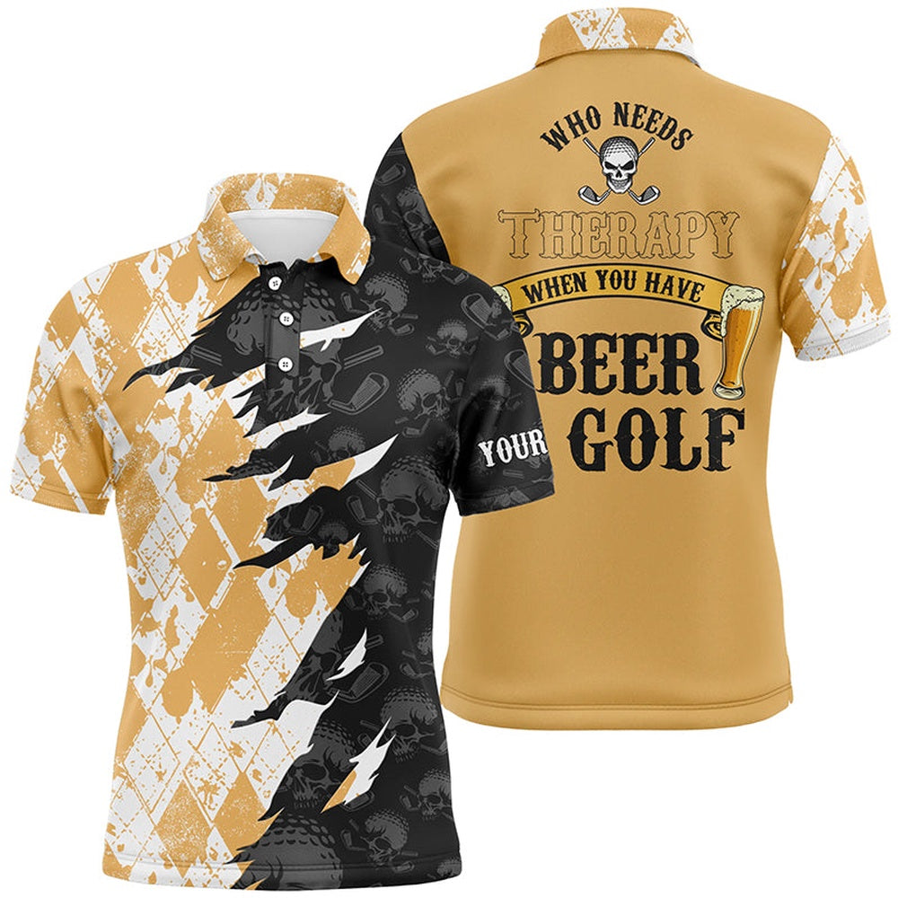 Golf Polo shirts, Who Needs Therapy Argyle Pattern Skull Golf Mens Polo Shirt Drinking Beer Golf Shirts For Men