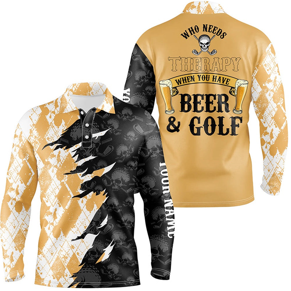 Golf Polo shirts, Who Needs Therapy Argyle Pattern Skull Golf Mens Polo Shirt Drinking Beer Golf Shirts For Men