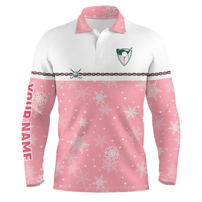 Golf Polo shirts, Winter Snowflakes Pink Christmas Golf Mens Polo Shirt Custom Cute Golf Gifts For Men Golf Outfit