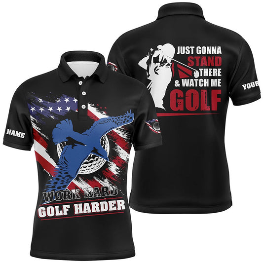 Golf Polo shirts, Work Hard Golf Harder Albatross American Flag Polo Shirt, Patriotic Golf Shirts For Men