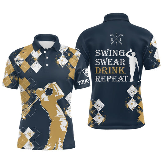 Golf Polo shirts, Yellow Agryle Pattern Mens Golf Polo Shirts Custom Swing Swear Drink Repeat Vintage Ladies Golf Navy