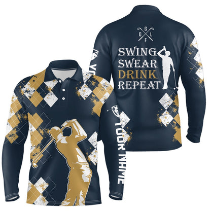 Golf Polo shirts, Yellow Agryle Pattern Mens Golf Polo Shirts Custom Swing Swear Drink Repeat Vintage Ladies Golf Navy