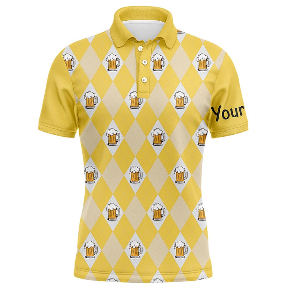 Golf Polo shirts, Yellow Argyle Plaid Beer Pattern Mens Golf Polo Shirts Custom Golf Attire For Men, Men'S Golf Apparel