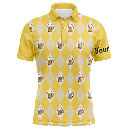 Golf Polo shirts, Yellow Argyle Plaid Beer Pattern Mens Golf Polo Shirts Custom Golf Attire For Men, Men'S Golf Apparel