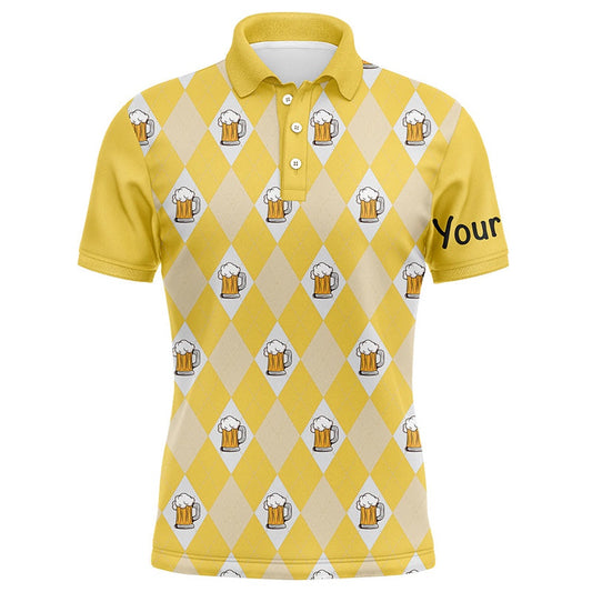 Golf Polo shirts, Yellow Argyle Plaid Beer Pattern Mens Golf Polo Shirts Custom Golf Attire For Men, Men'S Golf Apparel