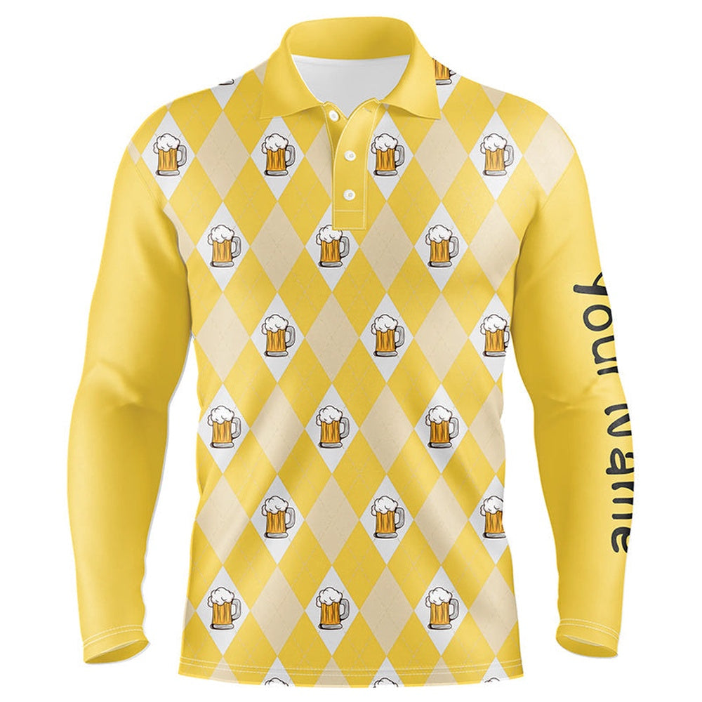 Golf Polo shirts, Yellow Argyle Plaid Beer Pattern Mens Golf Polo Shirts Custom Golf Attire For Men, Men'S Golf Apparel