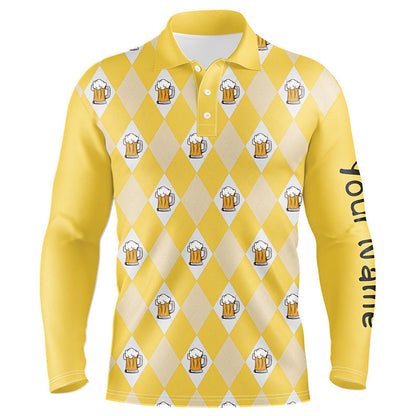 Golf Polo shirts, Yellow Argyle Plaid Beer Pattern Mens Golf Polo Shirts Custom Golf Attire For Men, Men'S Golf Apparel