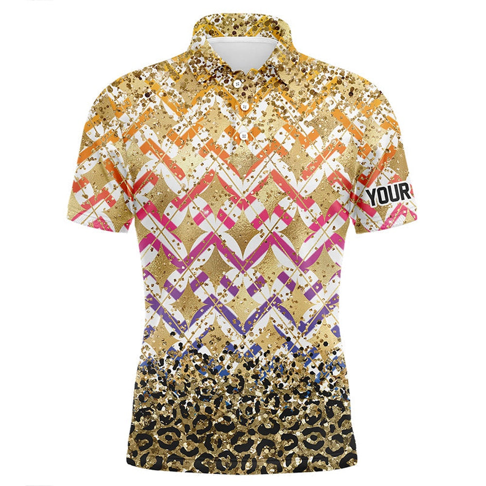 Golf Polo shirts, Yellow Glitter Leopard Pattern Mens Golf Polo Shirts Custom Team Golf Top For Men