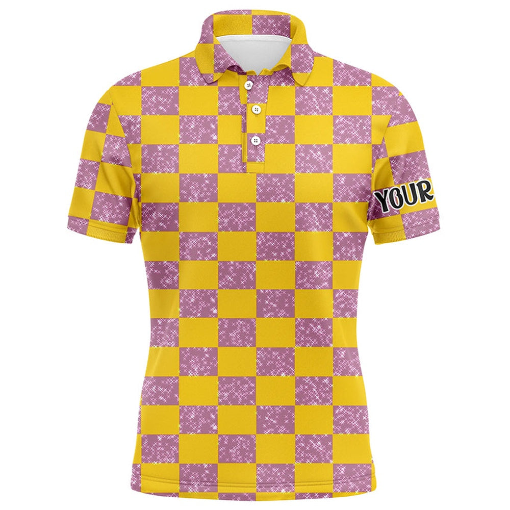 Golf Polo shirts, Yellow Purple Twinkle Checkered Plaid Mens Golf Polo Shirt Personalized Golf Gifts For Male Golfer