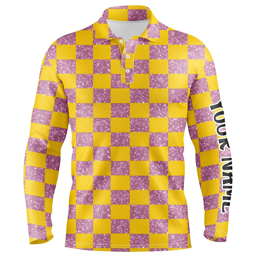 Golf Polo shirts, Yellow Purple Twinkle Checkered Plaid Mens Golf Polo Shirt Personalized Golf Gifts For Male Golfer
