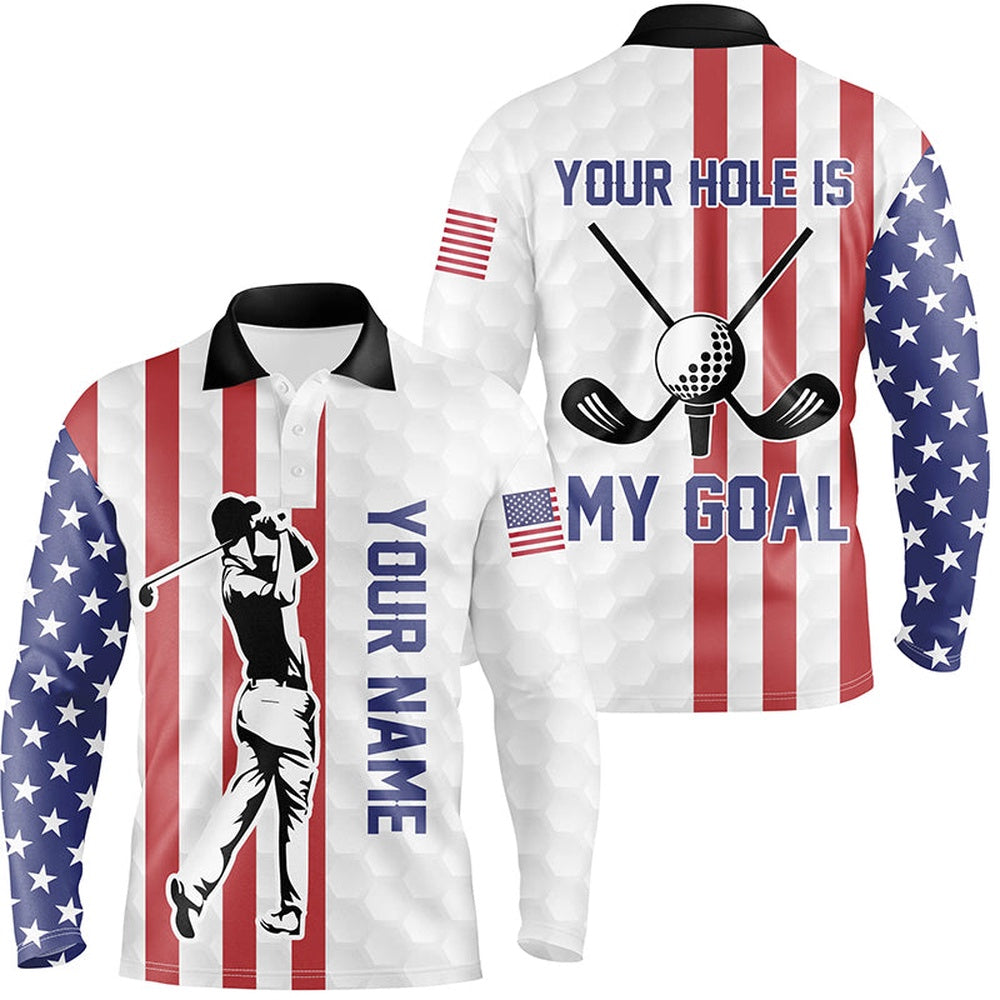 Golf Polo shirts, Your Hole Is My Goal American Flag Golf Mens Polo Shirts Custom Patriotic Golf Shirts For Men