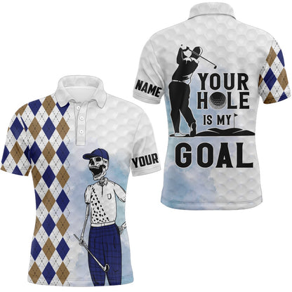 Golf Polo shirts, Your Hole Is My Goal Argyle Pattern Skull Golf Shirts Scary Golf Tops For Men Golf Gifts