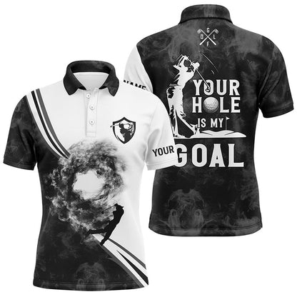 Golf Polo shirts, Your Hole Is My Goal Custom Name Black And White Smoke Mens Golf Polo Shirt, Best Mens Golf Apparel