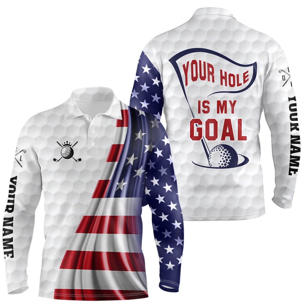 Golf Polo shirts, Your Hole Is My Goal Mens Golf Polo Shirt Custom American Flag Patriotic Golf Tops For Men Golf Gifts