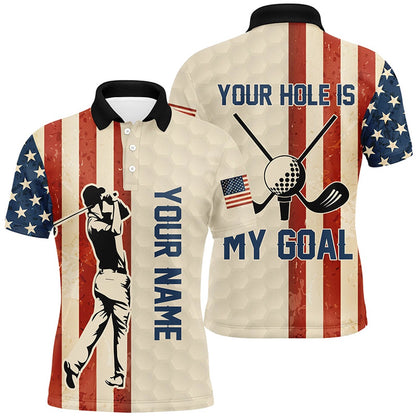 Golf Polo shirts, Your Hole Is My Goal Vintage American Flag Mens Golf Polo Shirt Custom Patriotic Golf Shirts For Men