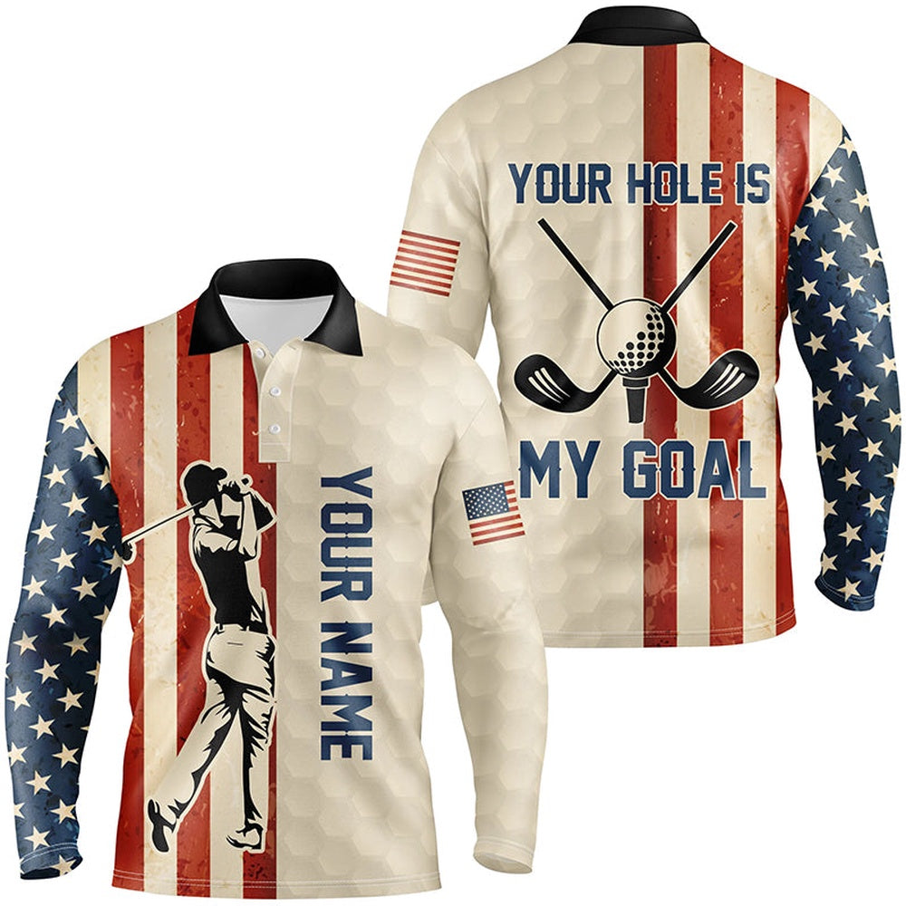 Golf Polo shirts, Your Hole Is My Goal Vintage American Flag Mens Golf Polo Shirt Custom Patriotic Golf Shirts For Men