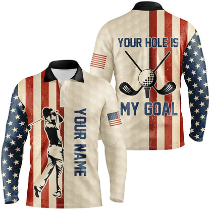 Golf Polo shirts, Your Hole Is My Goal Vintage American Flag Mens Golf Polo Shirt Custom Patriotic Golf Shirts For Men