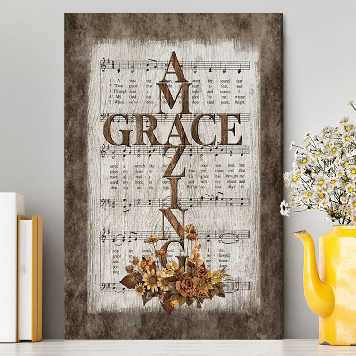 Grace Song Vintage Flower Jesus Cross Canvas Wall Art - Christian Canvas Prints - Bible Verse Canvas Art