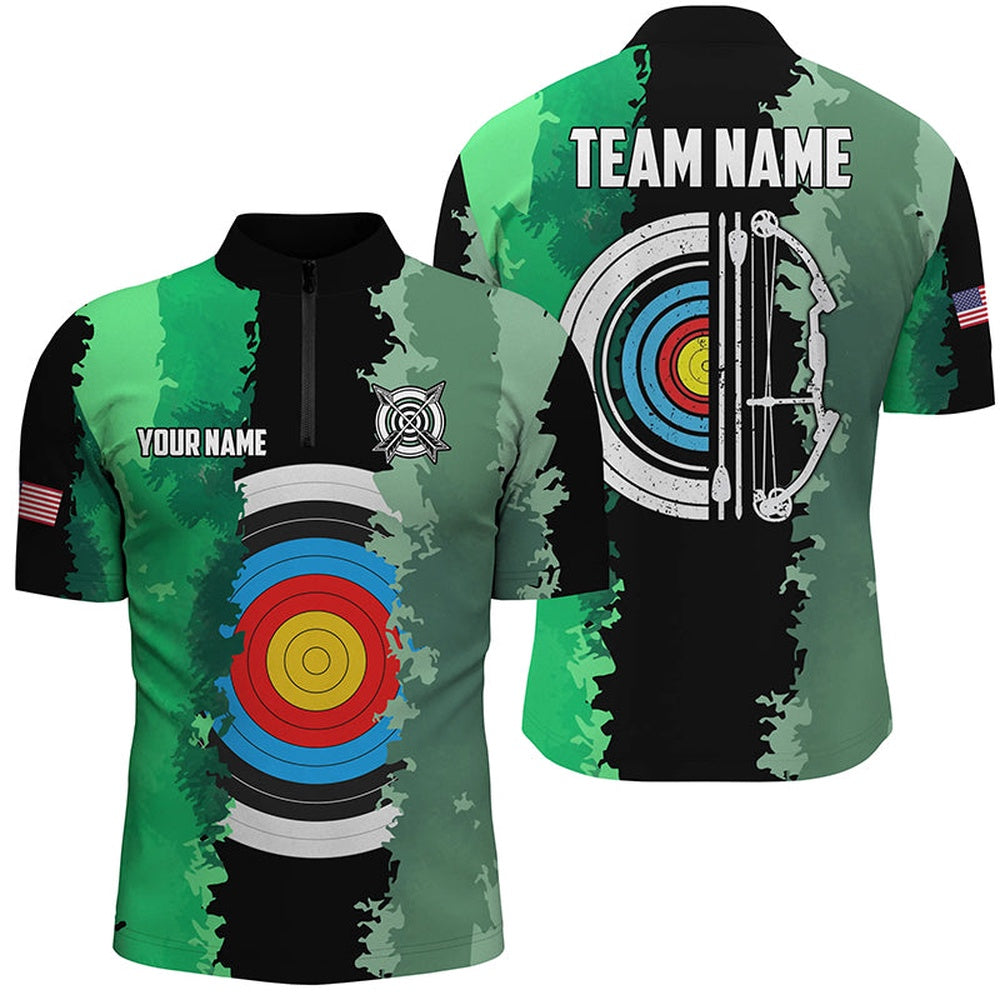 Green Jerseys Archery Target Men Quarter-Zip Shirts Custom Team League Archery Shirts, Archery Team Shirts, Custom Archery Shirts