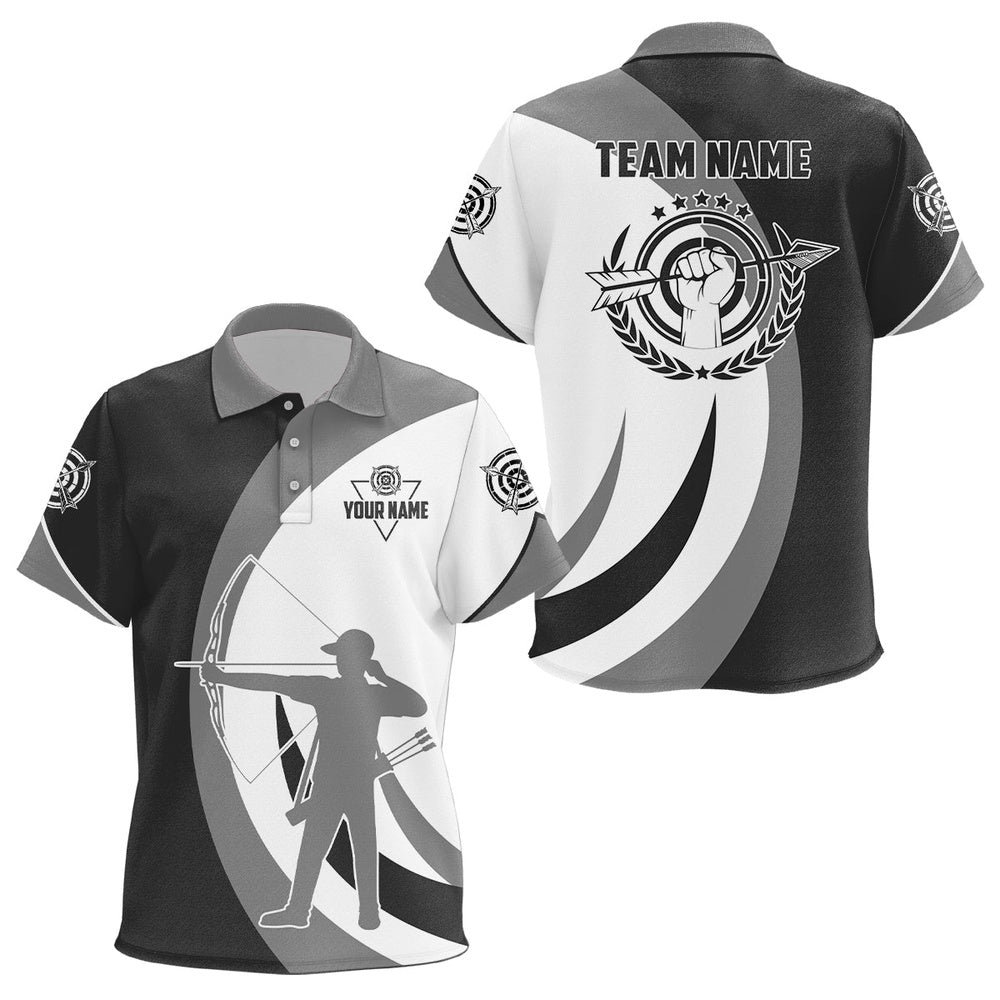 Grey Black Silhouette Player Custom Archery Polo Shirts, Archery Jerseys Uniform For Team, Archery Team Shirts, Custom Archery Shirts