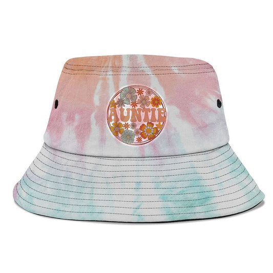 Groovy Auntie Retro Flowers Women Aunt Bucket Hat, Mother's Day Bucker Hat, Tie Dye Bucket Hat, Women's Sun Hats