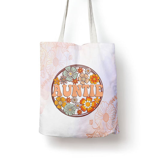 Groovy Auntie Retro Flowers Women Mothers Day Aunt Tote Bag, Women Tote Bag, Canvas Tote Bag, Printed Tote Bag