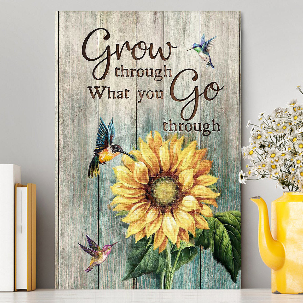 Grow Through What You Go Through Sunflower Hummingbird Canvas Art - Christian Art - Bible Verse Wall Art - Religious Home Decor