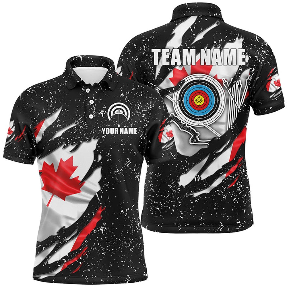 Grunge Canada Flag Target Archery Sets Men Polo Shirts Custom Patriotic Archery Jersey Attire, Archery Team Shirts, Custom Archery Shirts