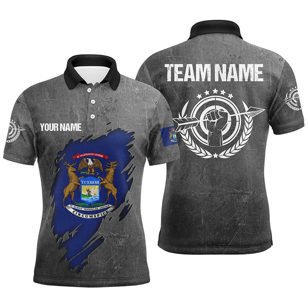 Grunge Michigan Archery Men Polo Shirts, Custom Team Name Patriotic Michigan Flag Archery Jerseys, Archery Team Shirts, Custom Archery Shirts