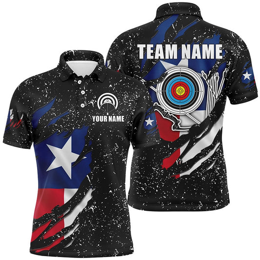 Grunge Texas Flag Target Archery Sets Men Polo Shirts Custom Patriotic Archery Jersey Attire, Archery Team Shirts, Custom Archery Shirts