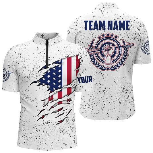 Grunge US Archery Men Quarter-Zip Shirts Custom Patriotic American Flag Shirts For Archer, Archery Team Shirts, Custom Archery Shirts