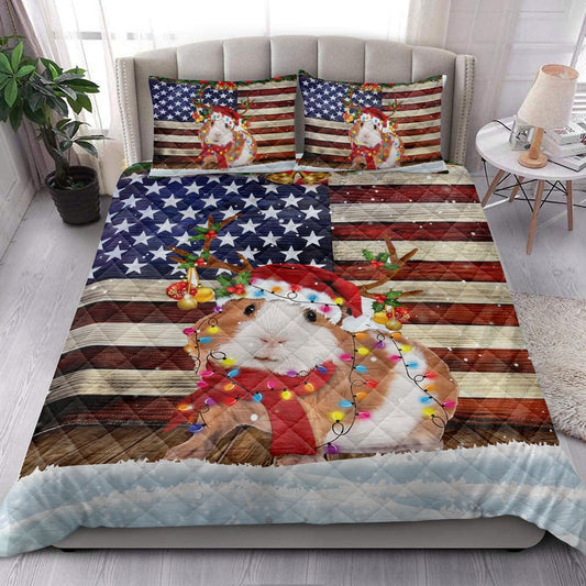 Guinea Pig Quilt Set, Guinea Pig Wearing Amas Hat With String Light Us Flag Quilt Blanket